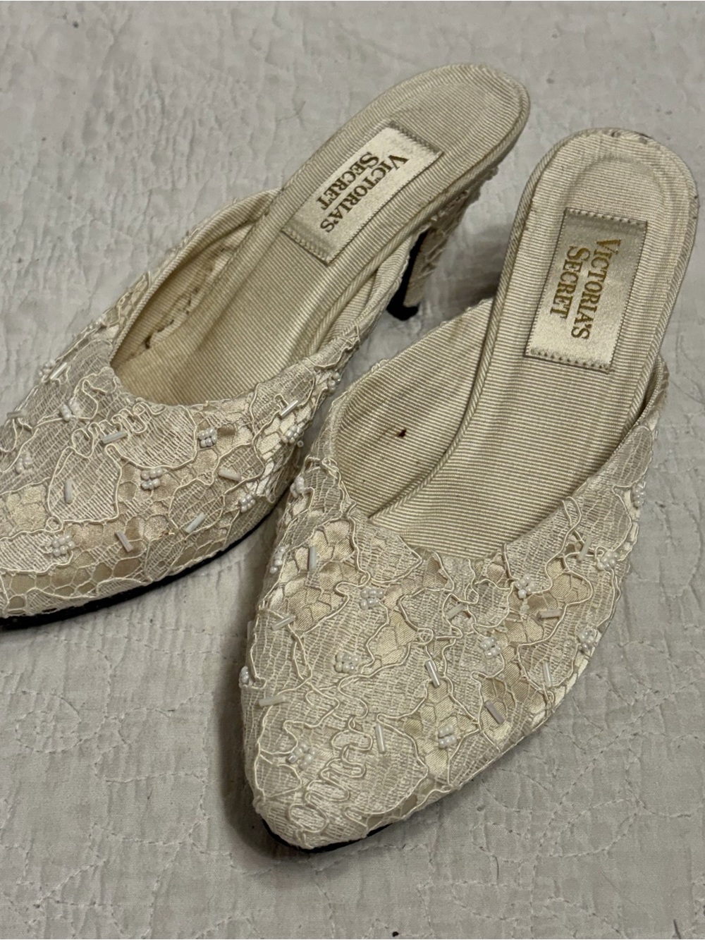 Victoria's Secret Ivory Lace Slip-On Mules